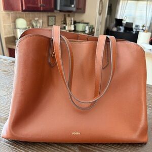Fossil Large Leather Tote in Cognac Brown